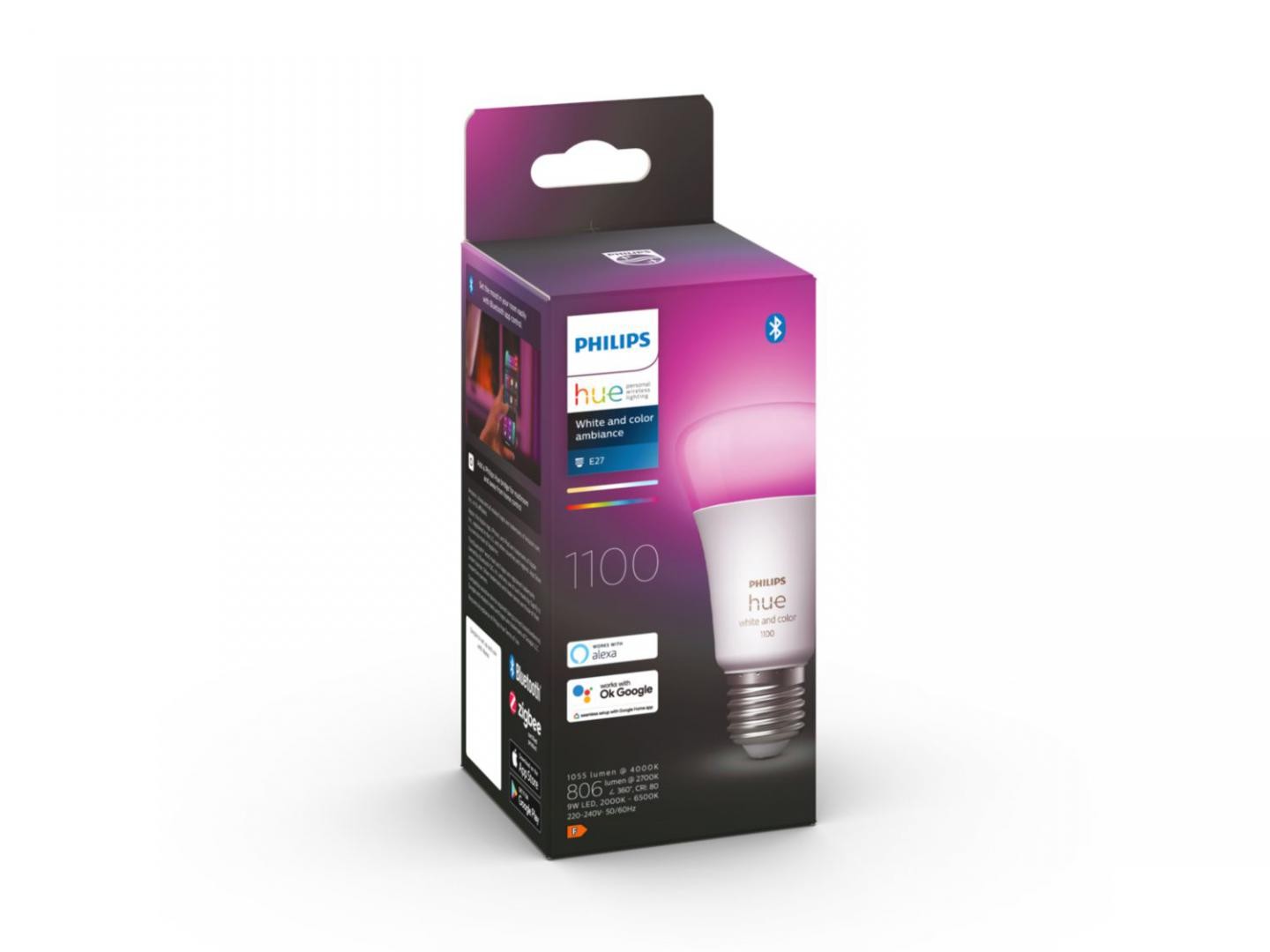 Bec LED RGB inteligent Philips Hue A60, Bluetooth, E27, 9W (75W), 806 lm, lumina alba si color (2000-6500K)