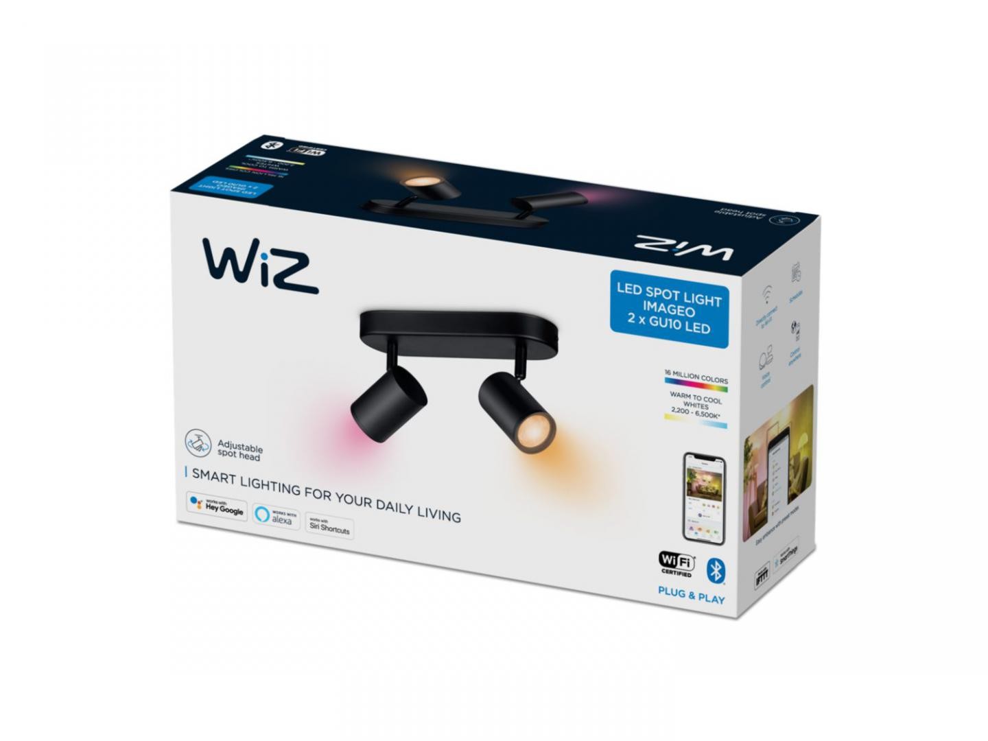 Spot LED RGB WiZ Imageo, Wi-Fi, Bluetooth, 2x4.9W, 690 lm, lumina alba si color (2200-6500K), IP20, Metal, Negru