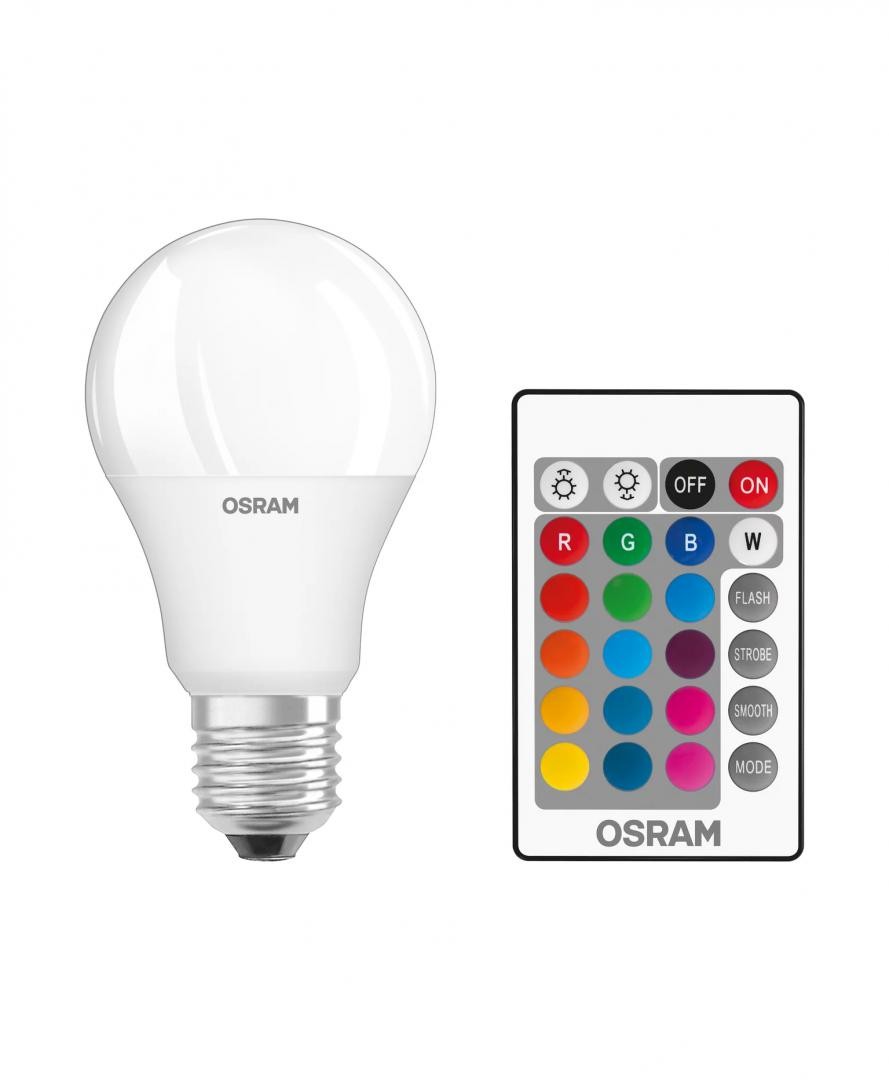 Pachet 2 Becuri LED RGB Osram Star Classic A, E27, 9.7W (60W), 806 lm, lumina alba si color (2700K-6500K) + Telecomanda