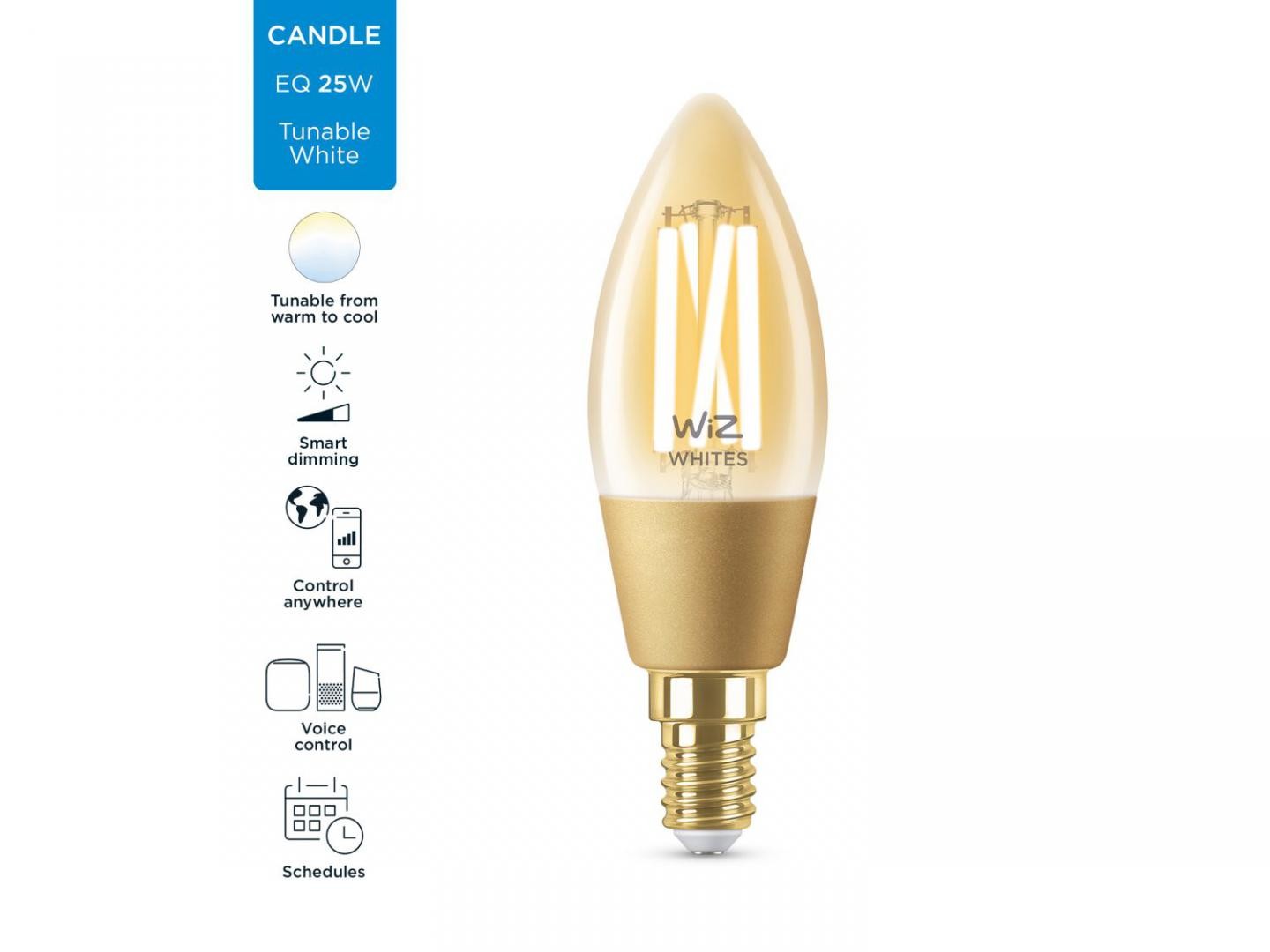 Bec LED inteligent vintage (decorativ) WiZ Connected Filament Gold C35 ,Wi-Fi, E14, 4.9W (25W), 370 lm, lumina alba (2000-5000K)
