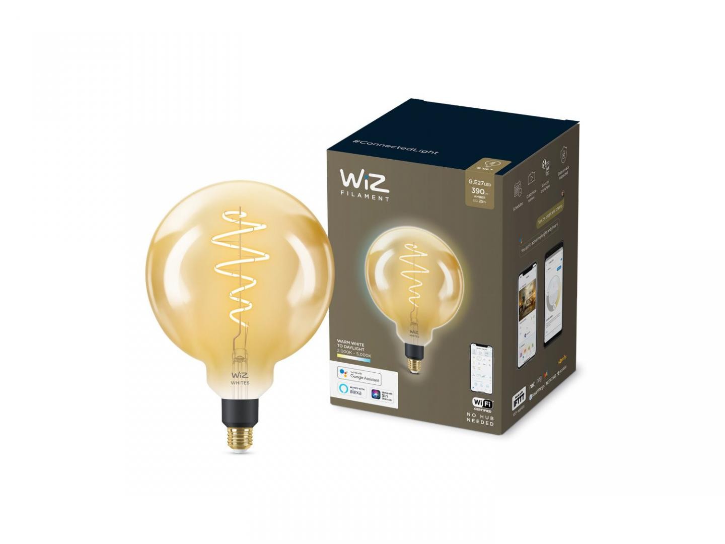 Bec LED inteligent vintage (decorativ) WiZ Connected Filament Gold G200 ,Wi-Fi, E27, 6W (25W), 390 lm, lumina alba (2000-5000K),