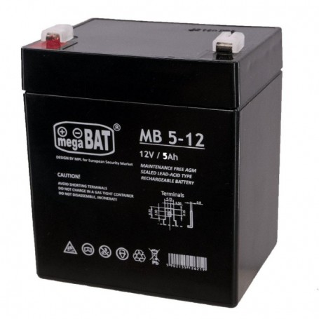 Acumulator VRLA AGM Megabat MB5-12 fara intretinere 5Ah 12V. terminal de conexiune FASTON 187 (4.75x0.8mm) Dimensiuni: 90x 70 x 