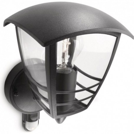 Aplica tip felinar pentru exterior cu senzor de miscare Philips CreekUP ,1xE27, max 60W, IP44, 130x180x195mm, Negru