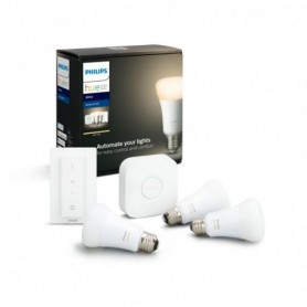 Pachet 3 Becuri LED inteligente Philips Hue A60, Bluetooth, E27, 9W (60W), 806 lm, lumina calda (2700K) + Consola Hue Bridge + I