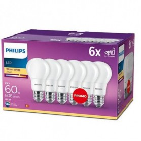 6 Becuri LED Philips A60, E27, 8W (60W), 806 lm, lumina calda (2700K), mat