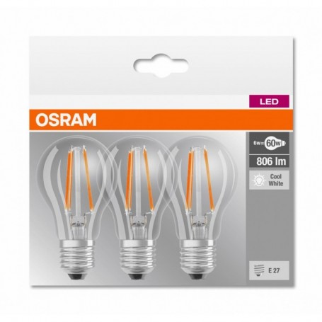 3 Becuri LED Osram Base Classic A, E27, 7W (60W), 806 lm, lumina neutra(4000K), cu filament