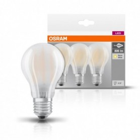 3 Becuri LED Osram Base Classic A, E27, 7W (60W), 806 lm, luminacalda(2700K), semi-transparent