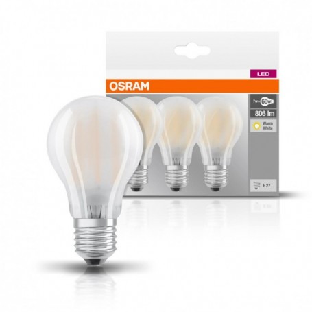 3 Becuri LED Osram Base Classic A, E27, 7W (60W), 806 lm, luminacalda(2700K), semi-transparent