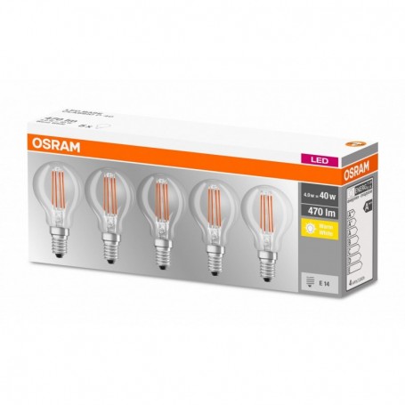5 Becuri LED Osram Base Classic P, E14, 4W (40W), 470 lm, lumina calda (2700K), cu filament