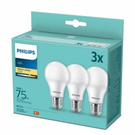 3 Becuri LED Philips A60, E27, 10W (75W), 1055 lm, lumina calda (2700K), mat