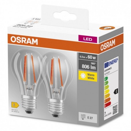 2 Becuri LED Osram Base Classic A, E27, 6.5W (60W), 806 lm, lumina calda(2700K), cu filament