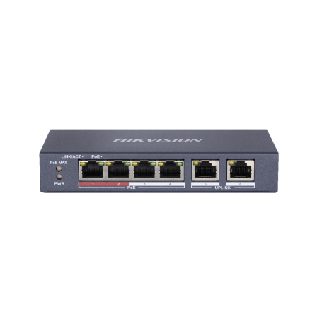 Switch Hikvision DS-3E0106P-E-M, Switching capacity 1.6 Gbps, 4 x 10/100Mbps PoE ports, and and 2 × 10/100Mbps RJ45 ports, MAC a