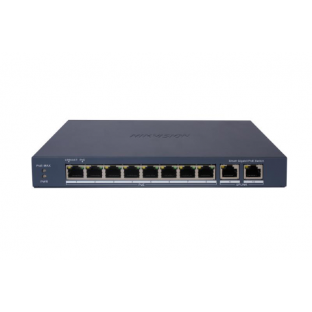 Switch PoE Hikvision DS-3E1510P-EI: 8 × Gigabit PoE port, 2 × Gigabit RJ45 port maxim 30W, buget PoE 110W, tensiune alimentare 5