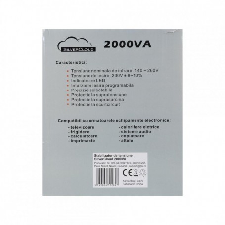Stabilizator de tensiune SilverCloud 2000VA 1200W 9.1A, Capacitate: 1200W/2000VA, Curent:  9.1A, Iesire:2 x priza Schuko, 230V ±