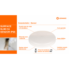 Plafoniera LED pentru exterior cu senzor de miscare Ledvance SURFACE SLIM SQUARE 260, 26W, 2730 lm, lumina neutra (4000K), IP65/
