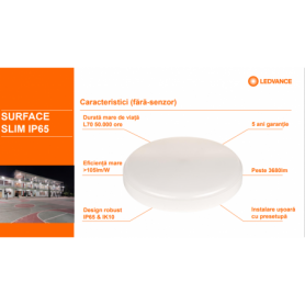 Plafoniera LED pentru baie Ledvance SURFACE SLIM SQUARE 200, 19W, 2000 lm, lumina neutra (4000K), IP65/IK10, 200x200x55mm, Alb