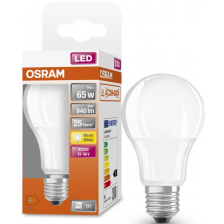 Bec LED Osram Classic A60, E27, 12-36V AC/DC, 9W (65W), 940 lm, luminacalda (2700K), nu functioneaza la 220-240V