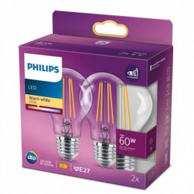 2 Becuri LED Philips Classic A60, EyeComfort, E27, 7W (60W), 806 lm, lumina calda (2700K), cu filament