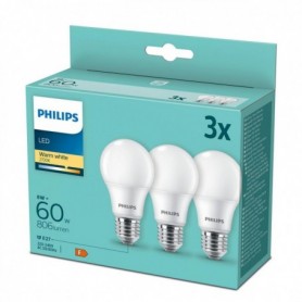 3 Becuri LED Philips A60, E27, 8W (60W), 806 lm, lumina calda (2700K), mat