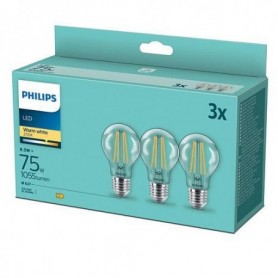 3 Becuri LED Philips Classic A60, E27, 8.5W (75W), 1055 lm, lumina calda (2700K), cu filament